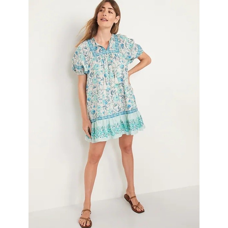 OLD NAVY Puff Sleeve Printed Mini Swing Dress Blue Floral Boho Coastal Preppy L
