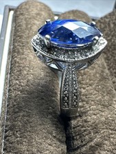 Sterling Silver Halo oval Blue Stone CZ Accent Cocktail Engagement Ring