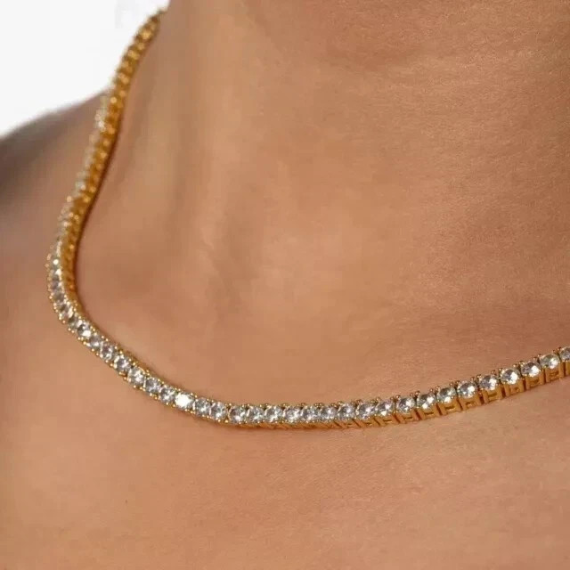 3MM Round Cut Lab Created 7CT Diamond Tennis Necklace 14K Yellow Gold Plated 16
