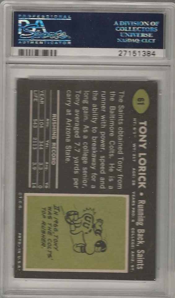 1969 Topps FOOTBALL ~ Tony Lorick #61 ~ PSA 7 ~ New Orleans Saints - Image 2 of 2