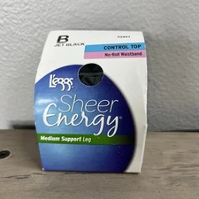 L’eggs Sheer Energy Pantyhose Jet Black 92881 No-Roll Waistband Medium Support B
