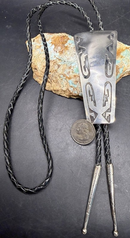 Large Vintage Native Hopi Handcrafted Sterling Silver Overlay Design Bolo Tie