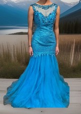 New Aqua Blue Formal Prom Dress, Fire  Ice Sz 4, Sequins, Beads, Lace
