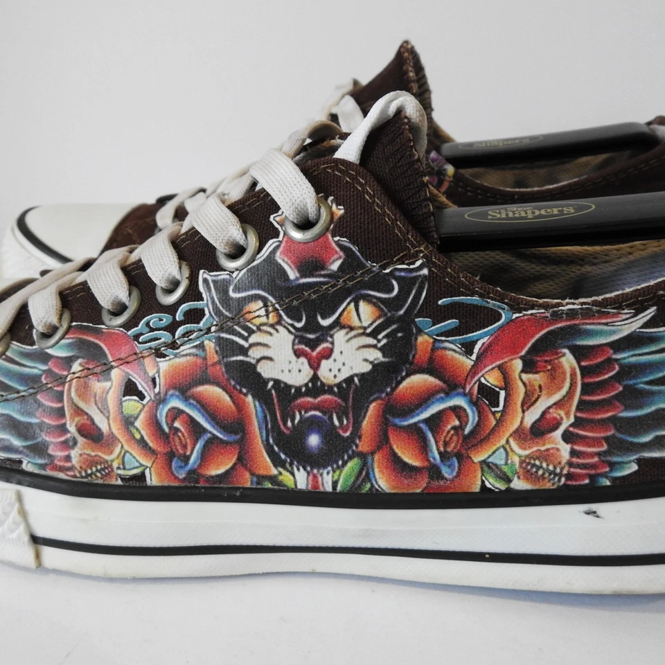 Vintage Don Ed Hardy Tattoo Trainers UK 7 Brown Canvas Low Top Plimsoll - Image 4 of 4