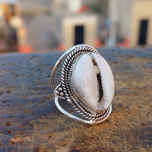 Cowrie Shell Ring Handmade Solid 925 Sterling Silver Meditation RingR04 - Picture 2 of 6
