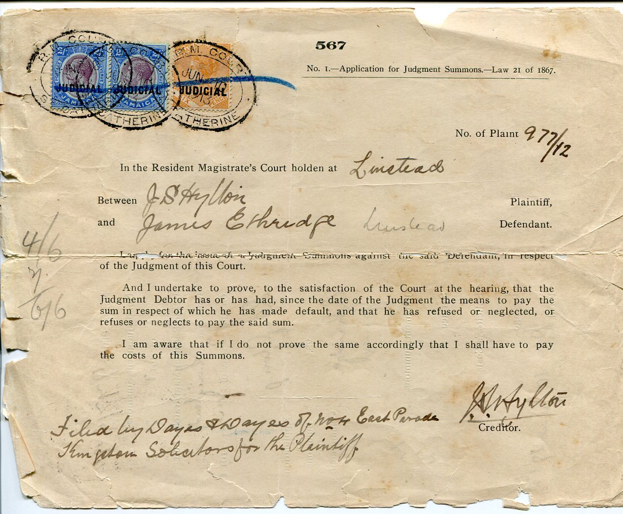 1912 Jamaica Magistrate Court Signed Document With Judicial 2/ Six