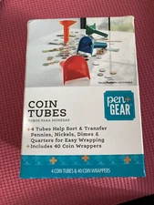 Pen Gear Coin Tubes 4 Tubes to Sort Coins & 40 Coin Wrappers - New