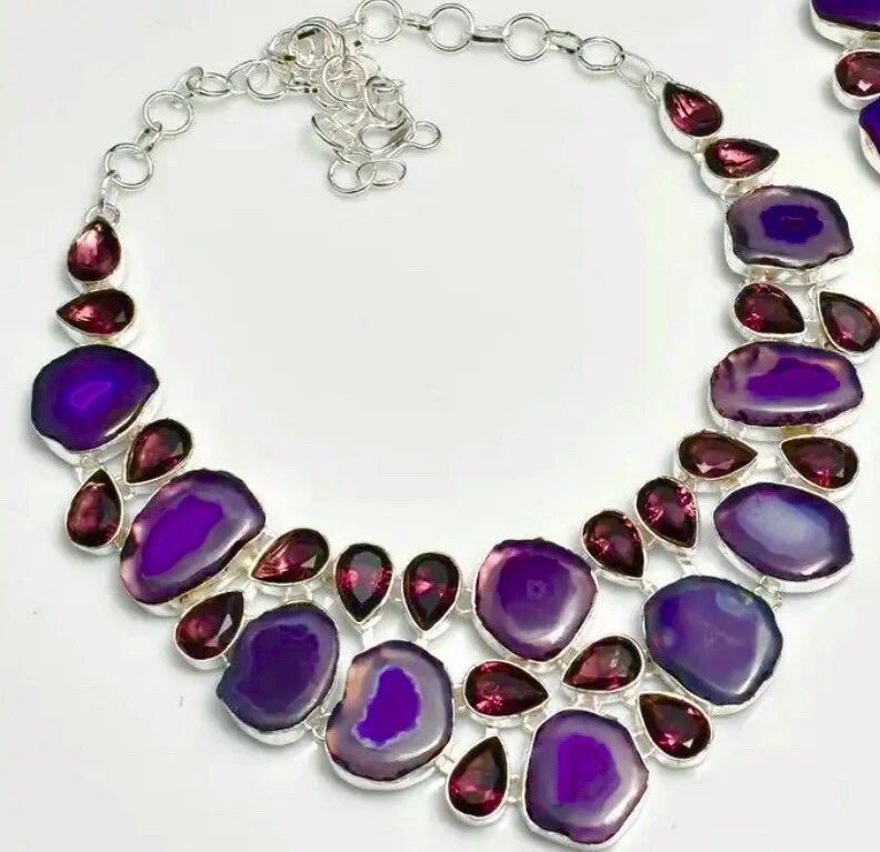 Collar + Pulsera Joyería Púrpura Pasión Solar Ágata Amatista Hecho a Mano 156 GMS Foto 2 de 4