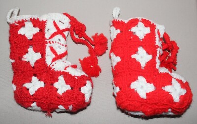 Handmade Granny Square Crochet Red White Christmas Stockings 