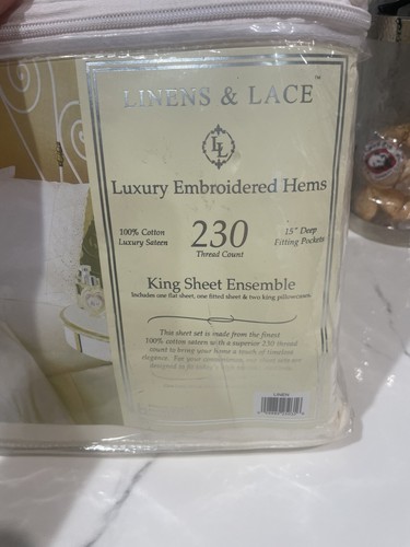 Linens & Lace 230TC Luxury Embroidered Hems King Sheet Set Ivory.Brand New! - Picture 5 of 8