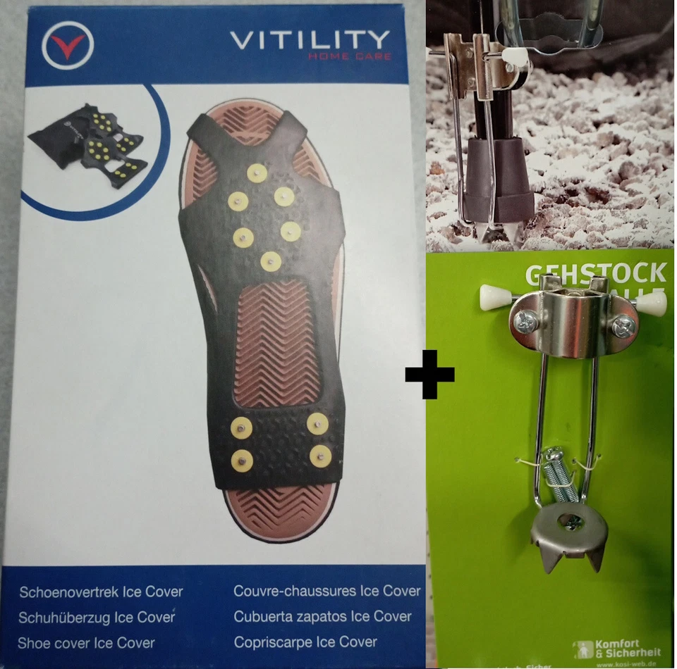 HSI Schuhspikes36-41 + Eiskralle für Gehstöcke und Unterarmgehstützen Schneespikes