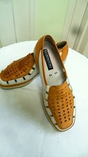 Leather casual loafer slip on shoe 4.5/37.5 low heel Tan &Cream  elastic sides