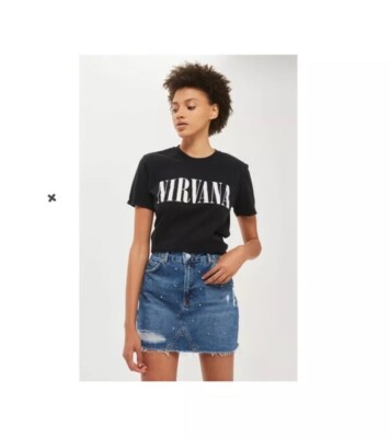 $68 Topshop Rip Stud Distressed Denim Festival Mini Skirt Sz 12