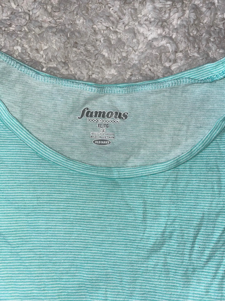 Old Navy Girls Sz. 14 “Famous” Mint Green Fine Striped Tee. Cute - Image 3 of 4