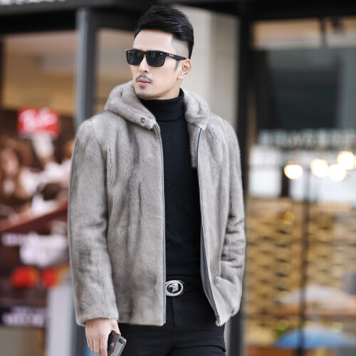 Mink Coat Men Fur Gray Full Mink Stand Collar Silver Mink Zipper Leather Jacket - Picture 19 of 19