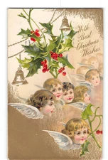 Christmas Embossed Gold Enhanced Postcard 1907 Angels Holly and Bells