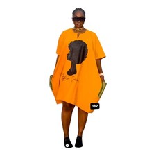 African Afro Queen Graphic Dashiki Flare Gown,Orange and Burgundy One Size Fit,