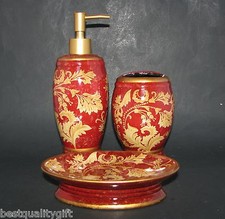 NEW 3PC SET RED+GOLD FLORAL VINTAGE RESIN SOAP DISPENSER+DISH+TOOTHBRUSH