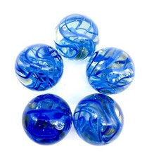25mm "Spaghetti" Glass Shooter 1 inch Marbles Pack of 5 Clear w/ Blue Swirls