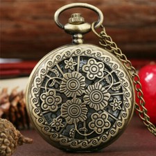 Antique Hollow Flower Pattern Quartz Pocket Watch with Necklace Chain Gifts