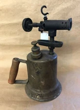 Vintage Antique Brass Blow Torch With Wood Handle Steampunk 