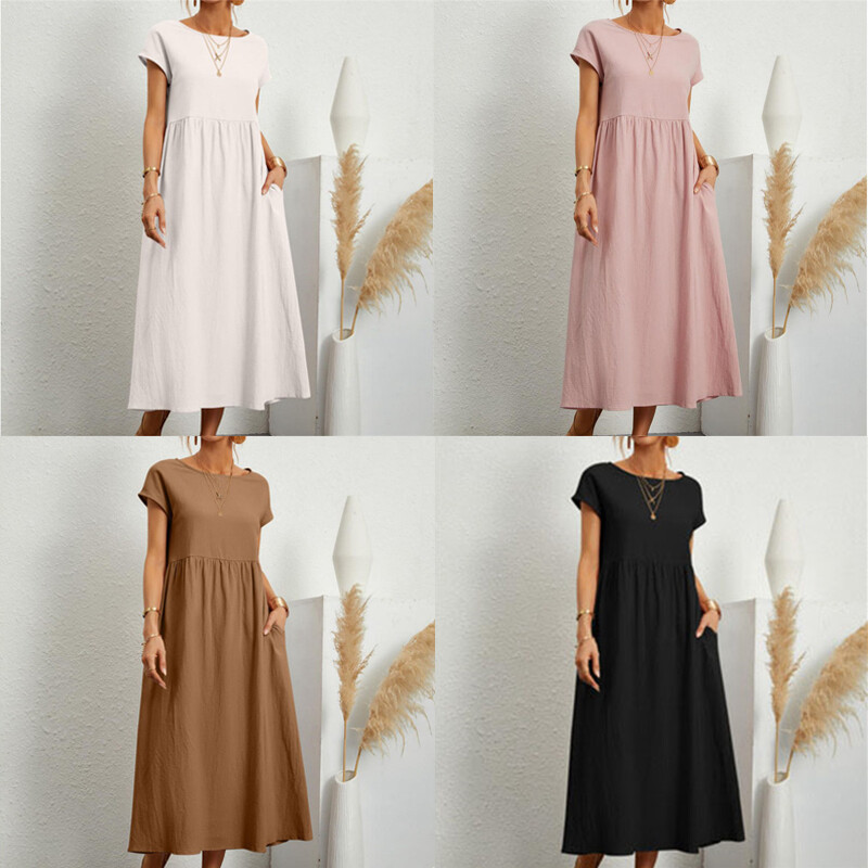 Women s Midi Dress Faux Cotton Linen Shift Dress Casual Dress Cotton Summer Dress Basic Classic Casual Daily Outdoor Loose Fit Plain Short Sleeve Crew
