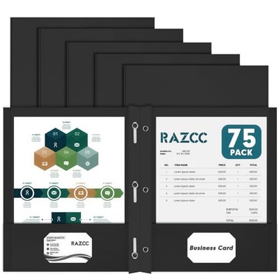Two Pocket Folders,  75 Pack Two Pocket Folders with Prongs, 3 Prong Black