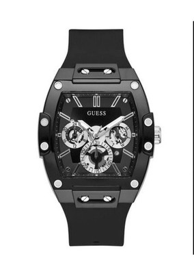New Guess Men's 43mm Stunning Black Sunray Dial Black Silicone Chronograph Watch