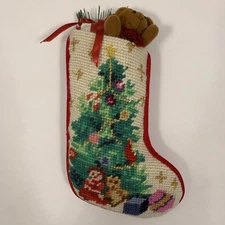 Needlepoint Christmas Tree Mini Stocking Wool & Velvet Cross Stitch Bear Holiday