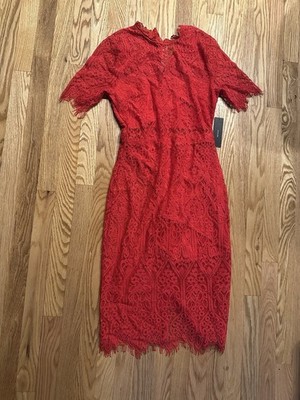 Lulus Red Lace Short Sleeve Sheath Knee Length Dress Mock Neck Size S NWT |  eBay