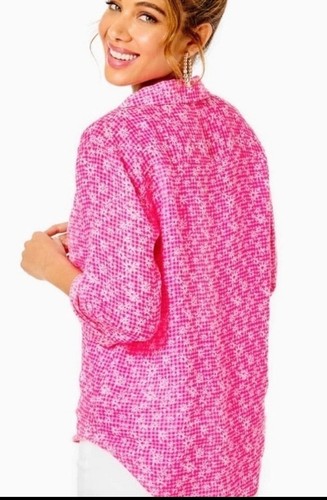 LILLY PULITZER Linen Button Shirt | Aura Pink Gingham Embroidered Flower | XL - Picture 4 of 9