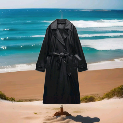 ZARA Women's Faux Leather Belted Trench Coat(Black US S, M EUR S, M) 