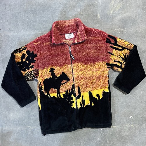 Vintage 90s Black Mountain Jacket Cowboy Horse Arizona Cactus USA Deep Pile S