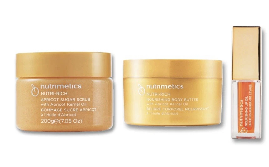 3 Items Nutri-Rich Sugar Scrub Body Butter Nourishing Lip Oil Nutrimetics Aprico