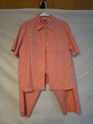 Vintage Erika Linen Rayon 2 Pc. Capri  Set Size Large Coral Pink