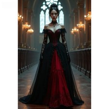 Gothic Wedding Dress Dark Red Black A-Line Vintage Applique Pleats Bridal Gown