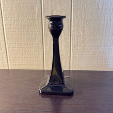 Vtg Black Amethyst Glass Candle Holder 7" Minimalist Square Base Design MCM