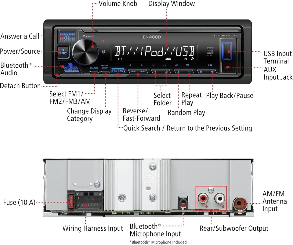 KMM-BT270U Bluetooth Digital Media Car Stereo w/ USB AM/FM MP3 LCD Single DIN EQ - Image 4 of 4