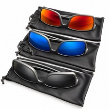 Lot of 3 Sunglasses Black Textured Frames Blue Red Black Lenses with Pouches