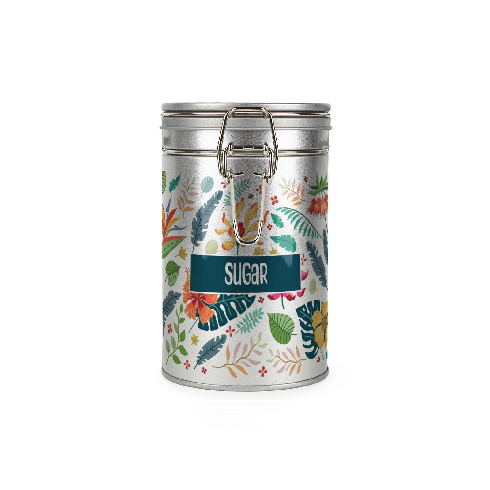 Purely Home Tropical Flowers Sugar Canister - Silver Storage Gift Tin
