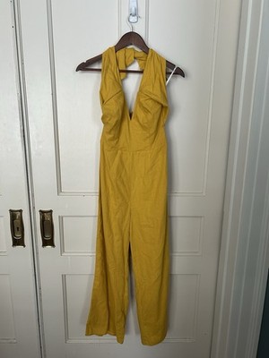 Lulus Linen Blend Halter Wide Leg Jumpsuit Womens Size Small Yellow Preppy