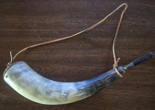 Vintage Powder Horn Wood Cap Leather Strap Vintage Decor Black Powder Flask