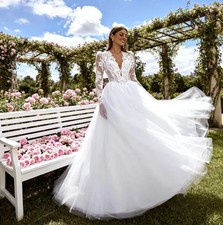 Simple A-Line Boho Wedding Dresses Long Sleeves Tulle Beach Garden Bridal Gowns