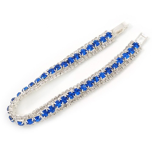 Clear/ Sapphire Blue Austrian Crystal Bracelet In Rhodium Plated Metal - 17cm - Picture 2 of 4