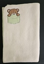 Baby Connection Teddy Bear Blanket Cream Green Tan Stitched Edge Trim Ivory