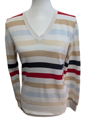 Pull Col V Tommy Hilfiger à rayures Rouge Marron Bleu Blanc Femme - Taille L - Photo 1/4