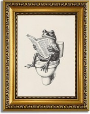 Gold Framed Funny Bathroom Frog Wall Art Canvas Frog on Toilet Reading Newspa...