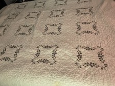 Queen sized bedspread and 2 pillow shams off white green trimmed small flowers