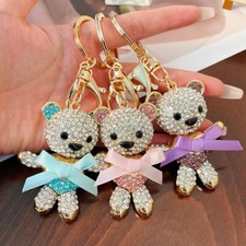 Blue Pink Purple Cute Bowknot Bear Keychains Bag Pendant CZ Car Key Chains Gift
