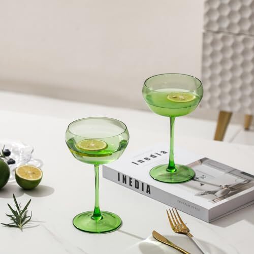 Light Green Coupe glasses Hand Blown Champagne Coupe Glass 12.34 oz For - Picture 5 of 7